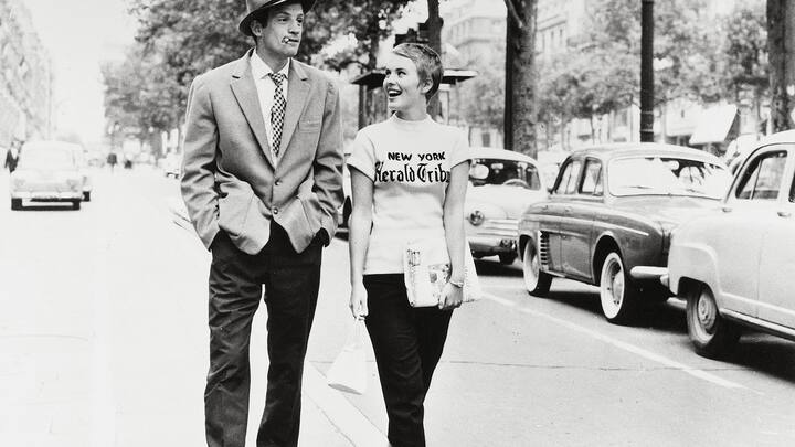 1960; A Bout De Souffle. Original Film Title: A Bout De Souffle, PICTURED: JEAN-PAUL BELMONDO, JEAN SEBERG, Director: Jean-Luc Godard, IN CAST: Jean Seberg, Jean-Paul Belmondo, Daniel Boulanger Mandatory Credit: Photo by SNC/Entertainment Pictures. (Â©) Copyright 1960 by SNC.