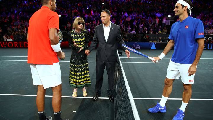 Anna Wintour, fan de tennis, participe au tirage au sort du match entre Federer et Nick Kyrgios lors de Laver Cup, qui a eu lieu à Palexpo à Genève en 2019.