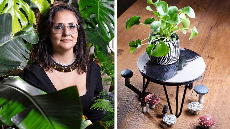 La céramiste Shaz et certaines de ses créations: une table gigogne, un cache-pot, des champignons magiques.