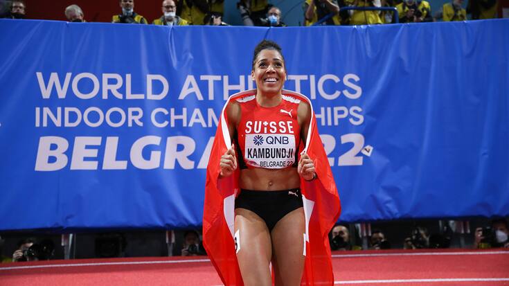 (220319) -- BELGRADE, March 19, 2022 (Xinhua) -- Gold medalist Mujinga Kambundji of Switzerland celebrates after the Women's 60 Meters Final at the World Athletics Indoor Championships Belgrade 2022 in Stark Arena, Belgrade, Serbia, March 18, 2022. (Xinhua/Zheng Huansong) - Zheng Huansong -//CHINENOUVELLE_1050049/2203191109 (FOTO: DUKAS/SIPA)