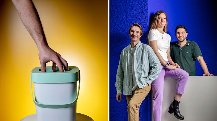 Tim Coutherez, Aude Ambrosini et Luca Fazzone (de g. à dr.) sont les créateurs de la poubelle à compost Klode°