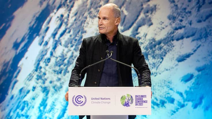 COP26, Glasgow. Bertrand Piccard de la fondation Solar Impulse présente son discours,