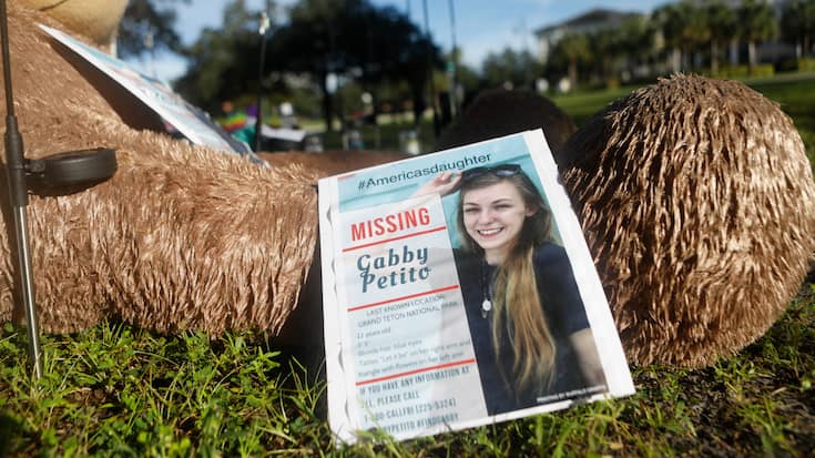 NORTH PORT, FL - SEPTEMBER 20: A makeshift memorial dedicated to missing woman Gabby Petito is located near City Hall on September 20, 2021 in North Port, Florida. A body has been found by authorities in Grand Teton National Park in Wyoming that fits the description of Petito, who went missing while on a cross-country trip with her boyfriend Brian Laundrie.  (Photo by Octavio Jones/Getty Images)