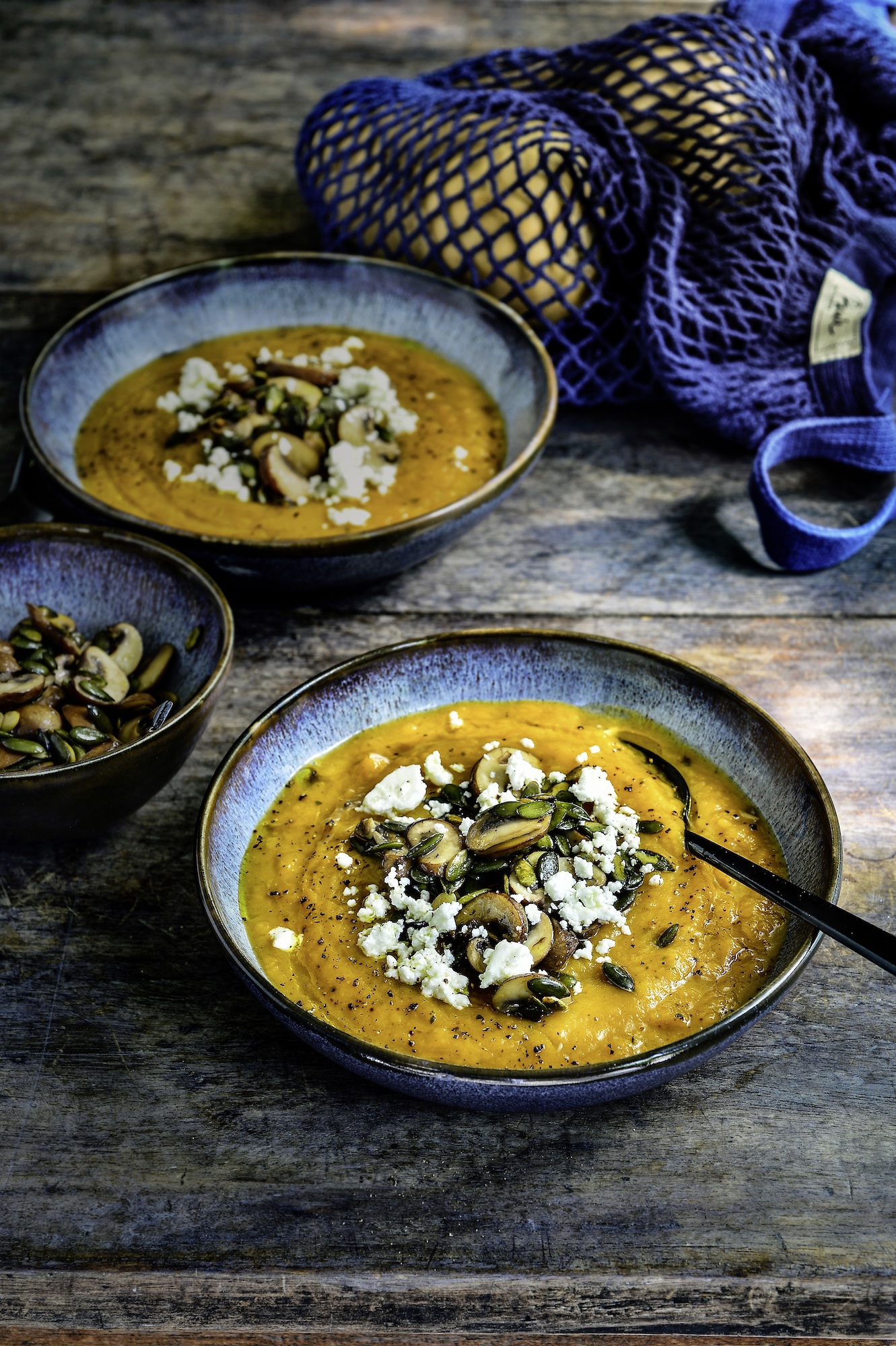 Soupe au potiron, champignons et feta