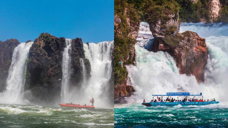 A gauche, les chutes d'Iguaçu, à droite, les chutes du Rhin