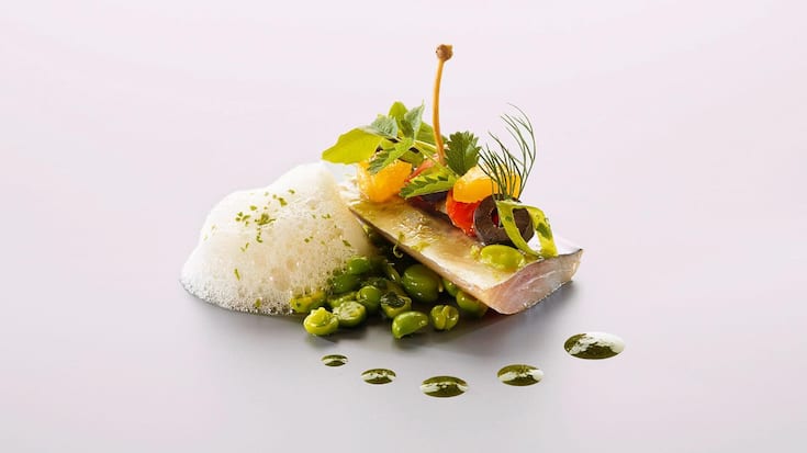 Maquereau en escabèche, salade de pois frais