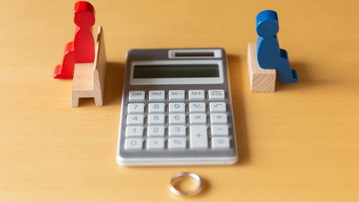 Image of divorce, money and troubles with calculator and ring.