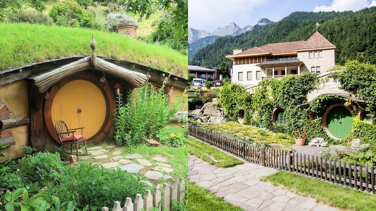 à gauche, le plateau de tournage Hobbiton à Waikato ; à droite, le Greisinger Museum à Jenins