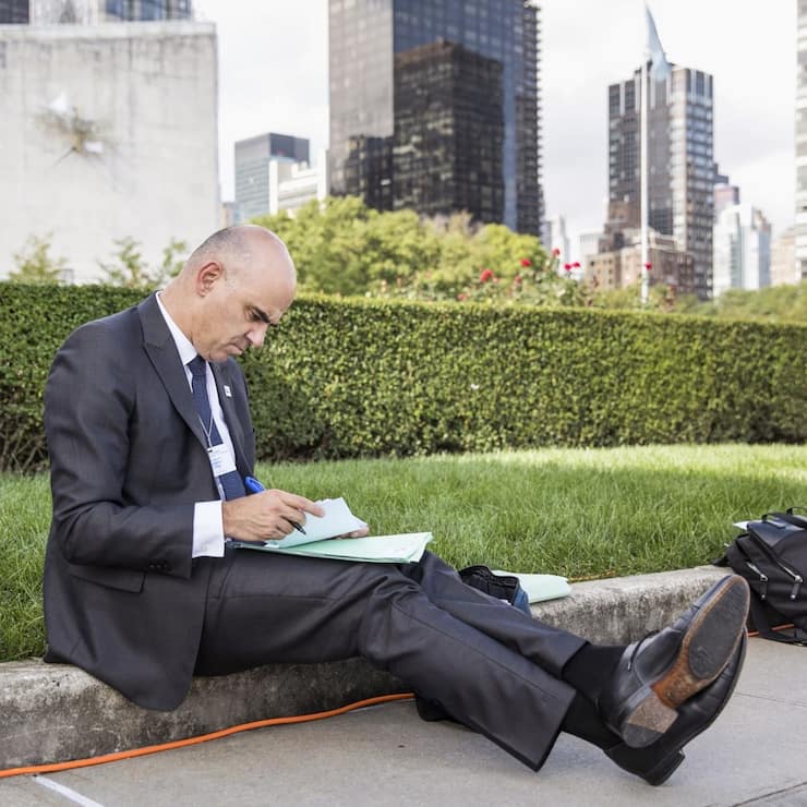 En septembre 2018, Alain Berset prend des notes pendant un break durant une session de l’Assemblée générale de l’ONU à New York.
