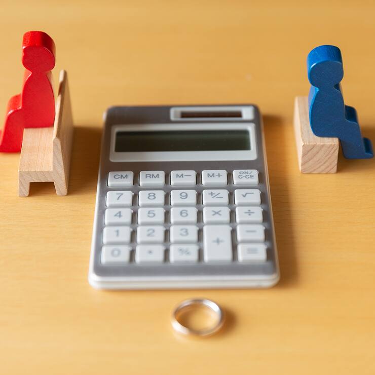 Image of divorce, money and troubles with calculator and ring.