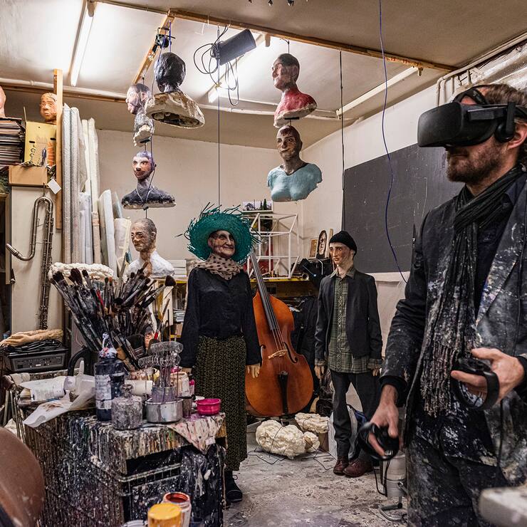 Artist Jonathan Delachaux in his studio in Geneva, in a 3D world he is creating, called Tchan-ZÃ¢ca. Previous and future figures decorate the space. Covid has caused cancellations, but he continues to work on his future projects. Photography by Mark Henley/Flux Laboratory from series 'Culture Phantom'.