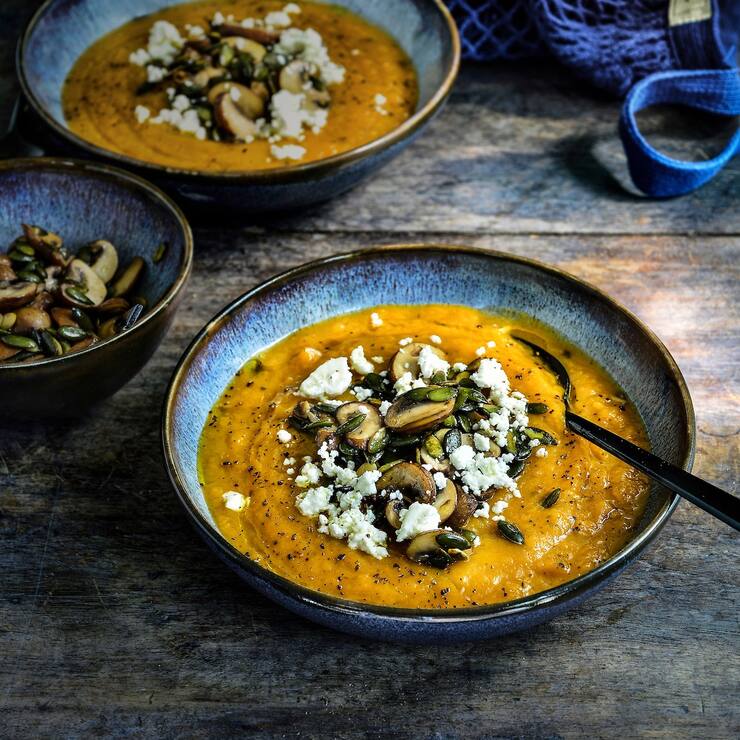 Soupe au potiron, champignons et feta