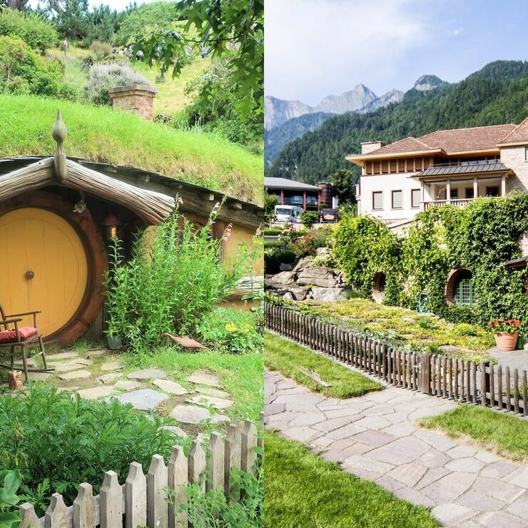 à gauche, le plateau de tournage Hobbiton à Waikato ; à droite, le Greisinger Museum à Jenins