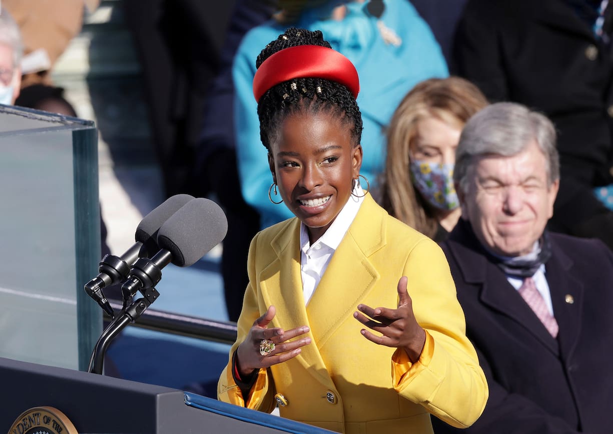 WASHINGTON, DC - JANUARY 20: Youth Poet Laureate Amanda Gorman speaks during the inauguration of U.S. President Joe Biden on the West Front of the U.S. Capitol on January 20, 2021 in Washington, DC. During today's inauguration ceremony Joe Biden becomes the 46th president of the United States. (Photo by Alex Wong/Getty Images)
