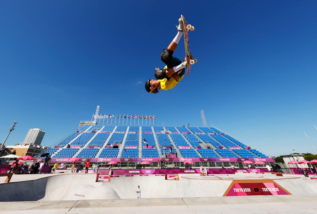 TOKYO, JAPAN - AUGUST 05: Keegan Palmer of Team Australia warms up prior to the Men's Skateboarding Park Preliminary Heat on day thirteen of the Tokyo 2020 Olympic Games at Ariake Urban Sports Park on August 05, 2021 in Tokyo, Japan. (Photo by Ezra Shaw/Getty Images)