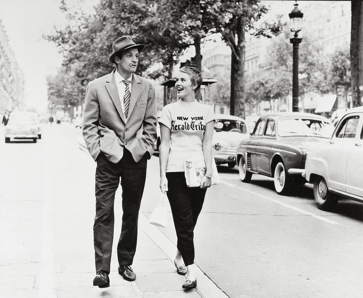 1960; A Bout De Souffle. Original Film Title: A Bout De Souffle, PICTURED: JEAN-PAUL BELMONDO, JEAN SEBERG, Director: Jean-Luc Godard, IN CAST: Jean Seberg, Jean-Paul Belmondo, Daniel Boulanger Mandatory Credit: Photo by SNC/Entertainment Pictures. (©) Copyright 1960 by SNC.