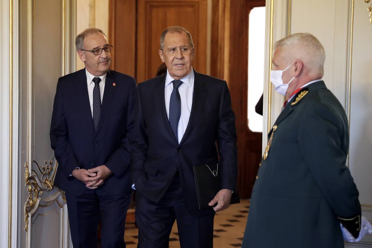 GENEVA, SWITZERLAND â JUNE 16, 2021: Switzerland's President Guy Parmelin and Russia's Foreign Minister Sergei Lavrov (L-R) seen ahead of a Russia-United States summit at the Villa La Grange. Mikhail Metzel/TASS/Sipa USA