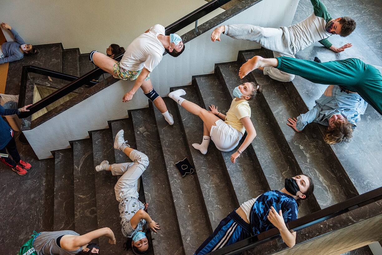 Dancers from the Ballet Junior Genève, in an experimental training performance at the Muséum d'histoire naturelle. Despite having no public performances, the dancers have to keeping training and keep being challenged. The twenty dancers, each responding differently to the museum and its exhibitions and spaces, were to be filmed and a record of this experiement made. The Muséum was still closed to the public. Photography by Mark Henley/Flux Foundation from series 'Culture Phantom'.
