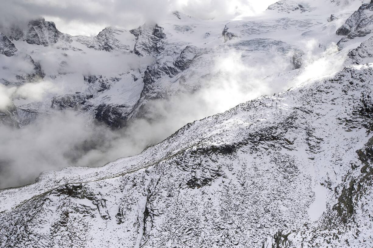 Aerial view of Valnontey and the Glacier Tribolazione. Val di Cogne, Gran Paradiso National Park, Valle d'Aosta, Italy