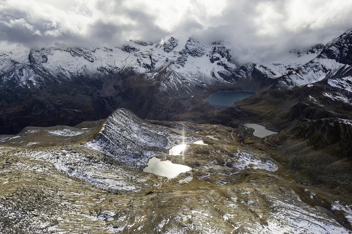 Aerial view of Valle Orco, lakes della Civetta, lake Serrù and Agnet on the bottom. Gran Paradiso NP, Piemonte, Italy