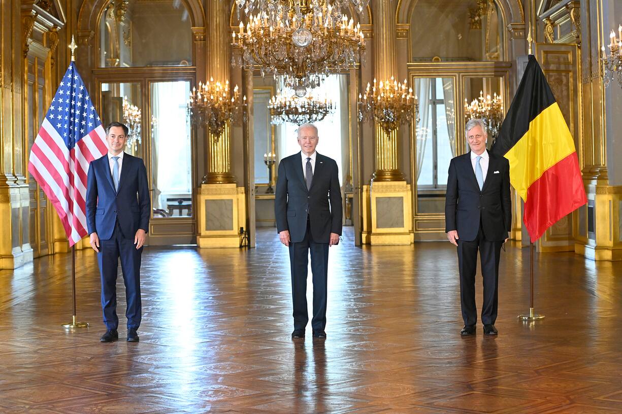 Prime Minister Alexander De Croo, US President Joe Biden and King Philippe - Filip of Belgium pictured during an audience at the Royal Palace in Brussels, Tuesday 15 June 2021. The US President is on a two day visit to Belgium to attend the NATO and EU-US Summit.BELGA PHOTO LAURIE DIEFFEMBACQ