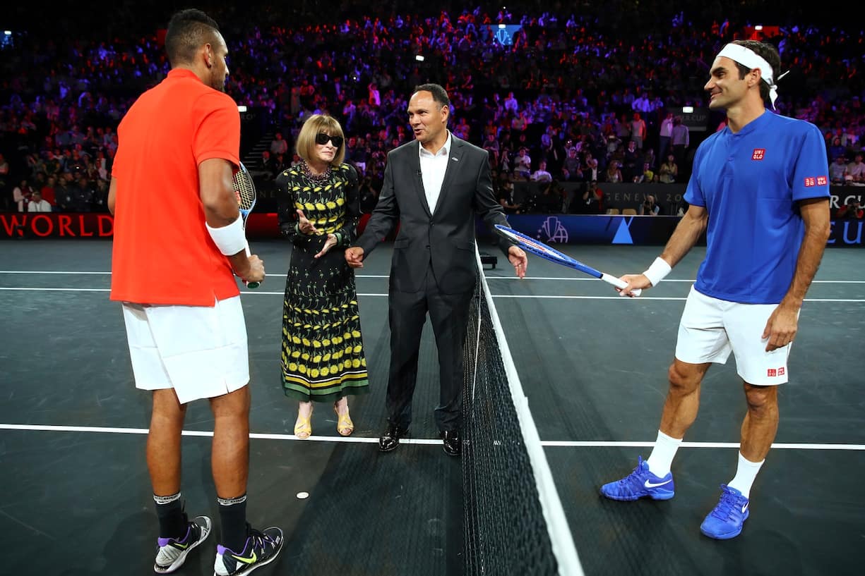 Anna Wintour, fan de tennis, participe au tirage au sort du match entre Federer et Nick Kyrgios lors de Laver Cup, qui a eu lieu à Palexpo à Genève en 2019.