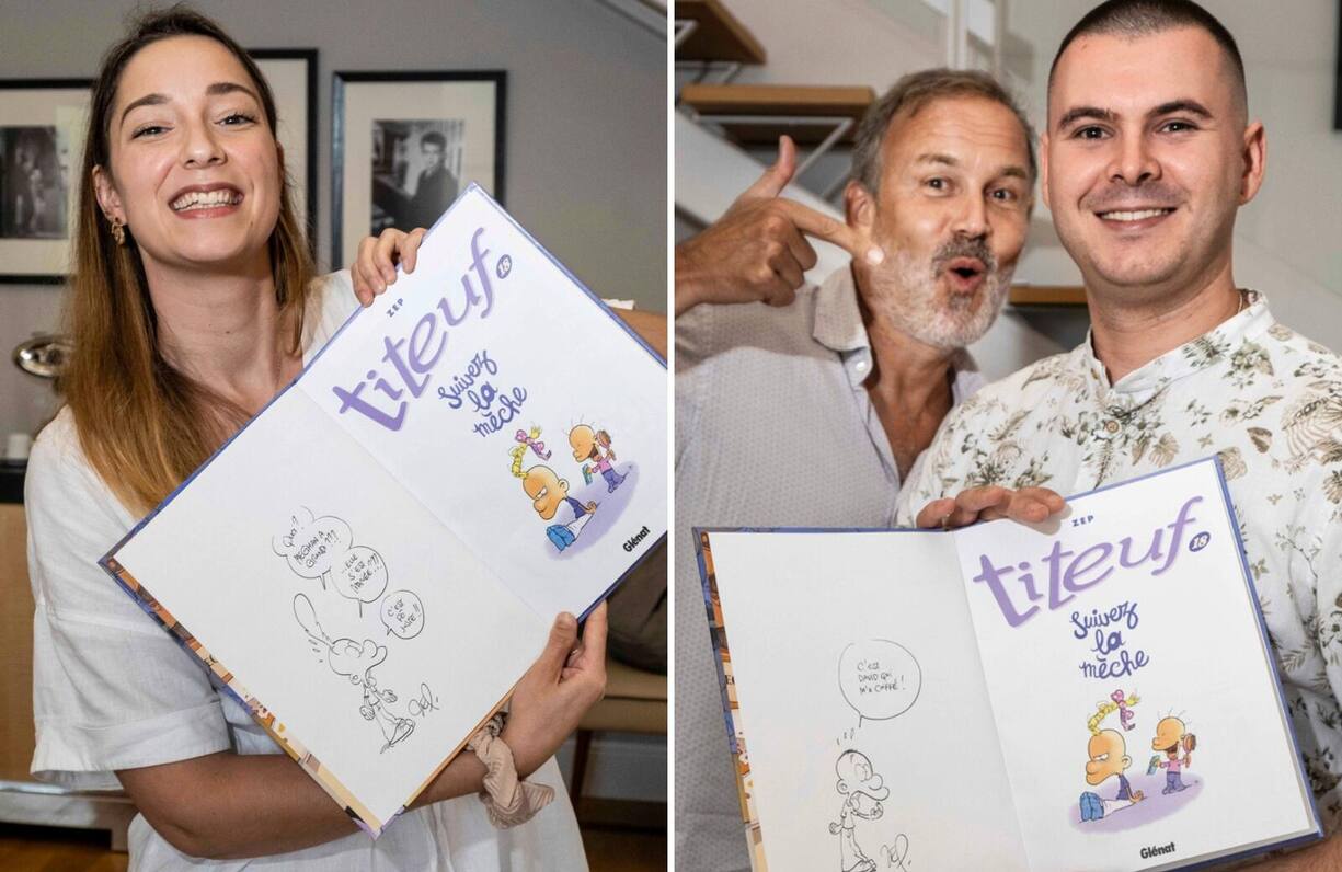 Meghan Alvariño et David Andrey ont reçu de la part de Zep le tout nouvel album de «Titeuf», «Suivez la mèche», augmenté d’une dédicace personnalisée.