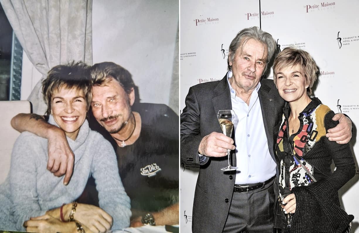 A gauche, Véronique Jannot avec Johnny Hallyday; à droite, Véronique Jannot avec Alain Delon