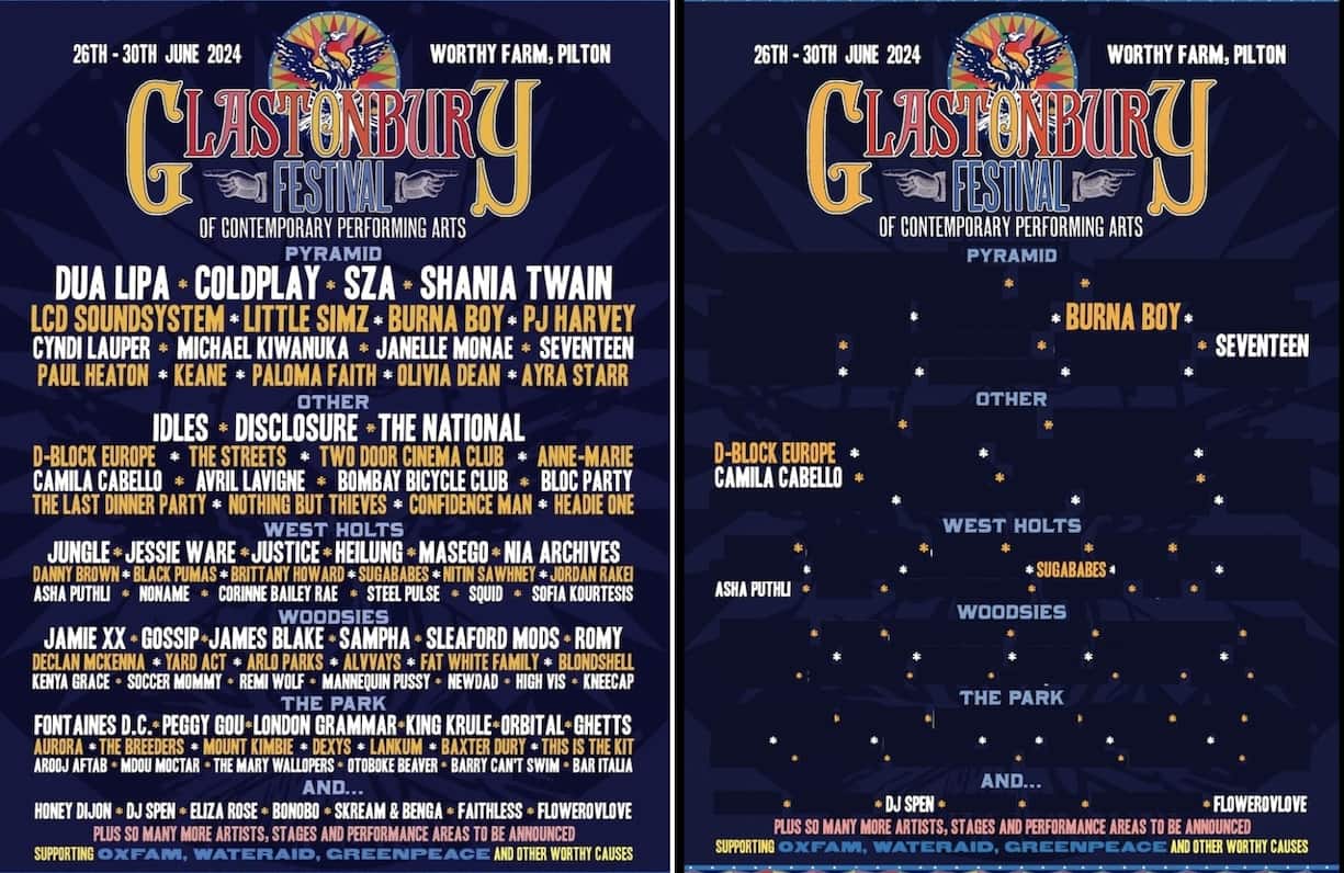 Pour alerter sur la situation des clubs rock, en péril, le festival de Glastonbury (GB) a posté sur Facebook une image de son affiche 2024 sans les groupes et artistes qui y ont débuté