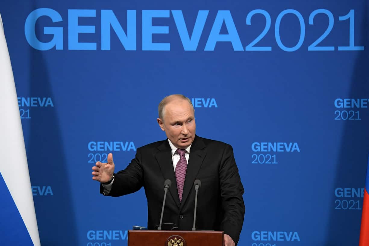 June 16, 2021 - Geneva, Switzerland: Working visit of Russian President Vladimir Putin to Geneva. Russia-USA summit at Villa La Grange. Russian President Vladimir Putin at a news conference following the summit. (Dmitry Azarov/Kommersant/ Polaris) (FOTO:DUKAS/POLARIS)