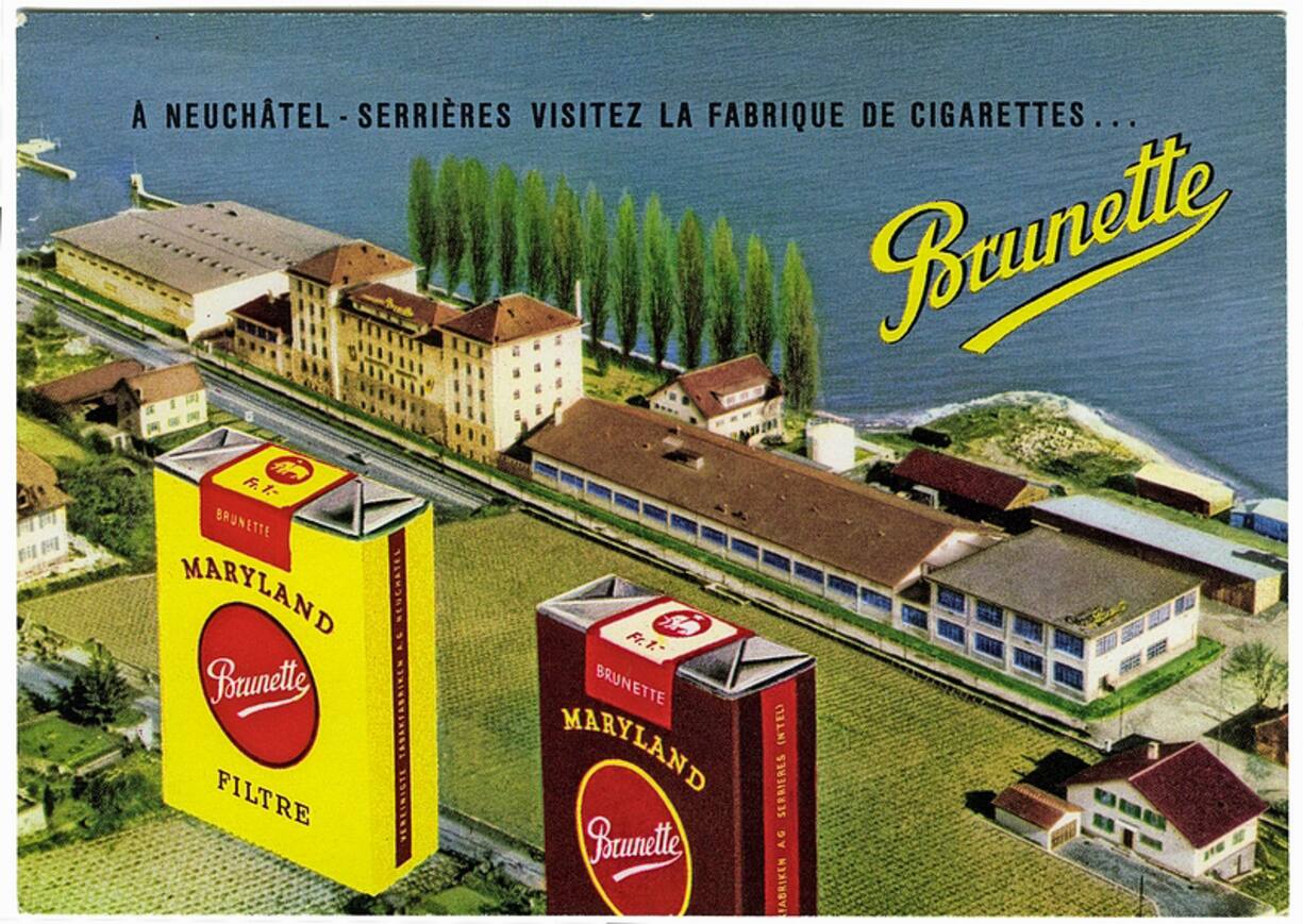Désignation Publicité pour les cigarettes Brunette A Neuchâtel-Serrières, visitez la fabrique de cigarettes... BrunetteCréation/Exécution Fiedler S.A. ; éditeur ; 1955 : vers ; La Chaux-de-Fonds Fabriques de tabac réunies S.A. ; commanditaire ; SerrièresDescription analytique - Technique carte postaleDépartement HistoireNuméro d'inventaire H 2018.444