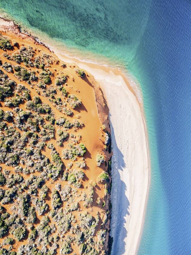 orange sand and turquoise ocean water, Western Australia. Aerial top down view. Francois Peron National Park