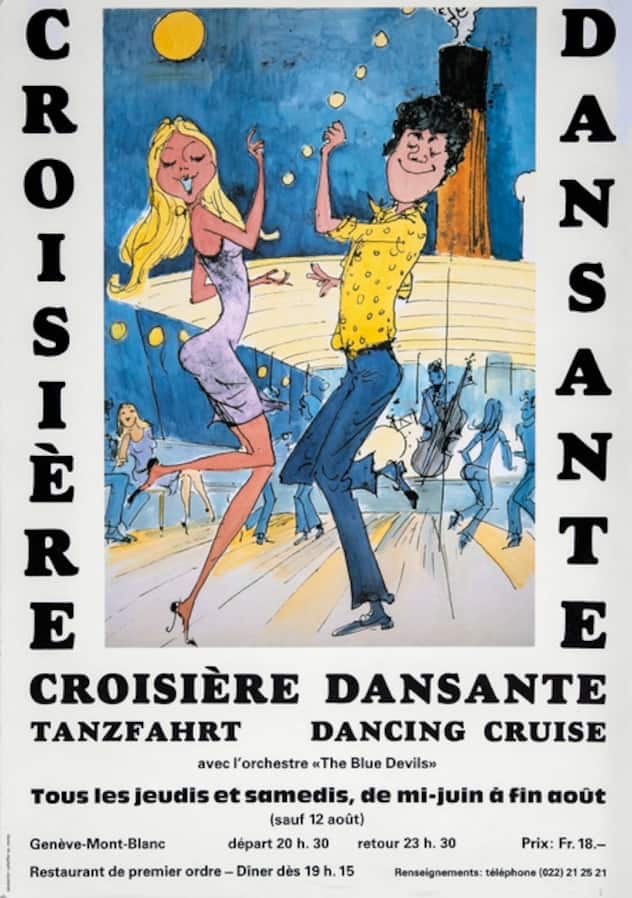 Affiche faisant la promotion des croisières dansantes organisées sur un bateau de la Compagnie Générale de Navigation sur le lac Léman.