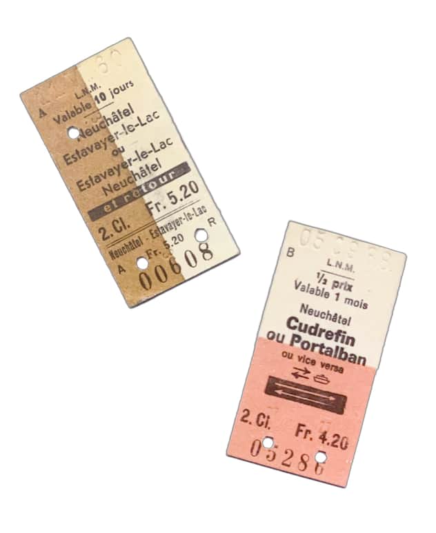Tickets de transport sur le lac de Neuchâtel, en 1960 et 1988.