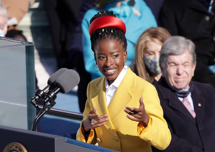 WASHINGTON, DC - JANUARY 20: Youth Poet Laureate Amanda Gorman speaks during the inauguration of U.S. President Joe Biden on the West Front of the U.S. Capitol on January 20, 2021 in Washington, DC. During today's inauguration ceremony Joe Biden becomes the 46th president of the United States. (Photo by Alex Wong/Getty Images)