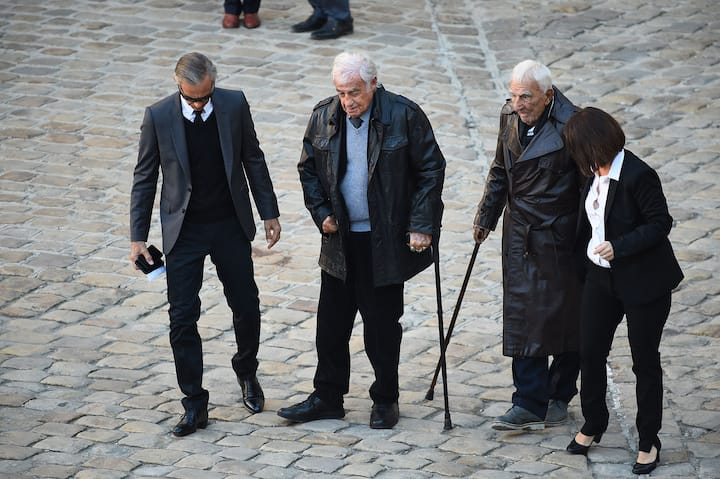 National Tribute Ceremony To Honour Charles Aznavour - Paris. Paul Belmondo, Jean-Paul Belmondo, Charles Gerard attending the national tribute ceremony to honour French-Armenian singer Charles Aznavour, one of France's most famous stars, who died aged 94, in the courtyard of the Hotel National des Invalides in Paris, France on October 5, 2018. Photo by Eliot Blondet/ABACAPRESS.COM URN:38953757 (FOTO: DUKAS/PA PHOTOS)