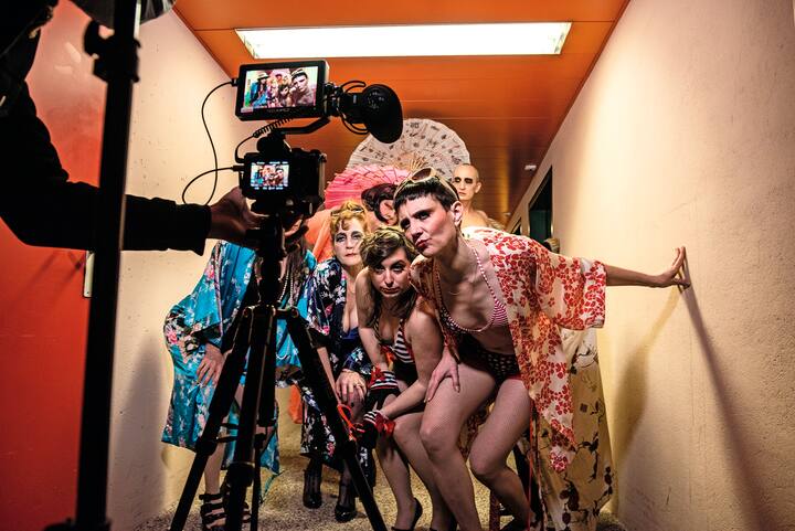 In the basement of a former office building in les Crete de Champel, members of the Théâtre du Fil perform in a video recording, which will be integrated into their show 'Je reviens te chercher' due to open on 20th April. It was originally planned for March and pushed back. It's fate remains unknown depending on Covid restrictions. Photography by Mark Henley/Flux Laboratory from series 'Culture Phantom'.