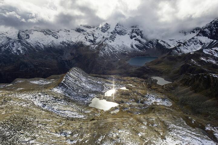 Aerial view of Valle Orco, lakes della Civetta, lake Serrù and Agnet on the bottom. Gran Paradiso NP, Piemonte, Italy