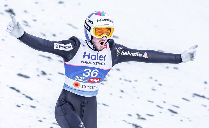 Le skieur Killian Peier lorsqu'il a remporté la médaille de bronze à Innsbruck.