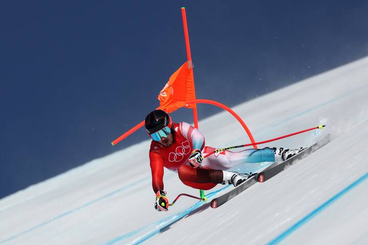 YANQING, CHINA - FEBRUARY 10: Loic Meillard of Team Switzerland skis during the Men's Alpine Combined Downhill on day six of the Beijing 2022 Winter Olympic Games at National Alpine Ski Centre on February 10, 2022 in Yanqing, China. (Photo by Sean M. Haffey/Getty Images)
