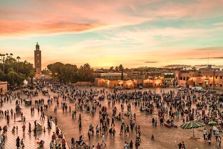 Jamaa el Fna market square, Marrakesh, Morocco, north Africa. Jemaa el-Fnaa, Djema el-Fna or Djemaa el-Fnaa is a famous square and market place in Marrakesh's medina quarter.