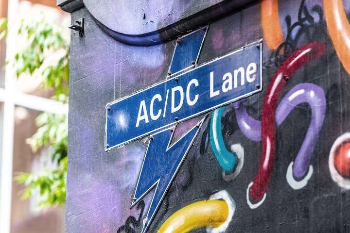 The street sign for AC/DC Lane in the city of Melbourne, Australia