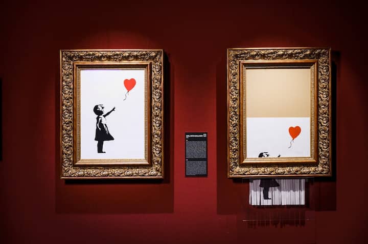 L'exposition «The Mystery of Banksy – A Genius Mind». Ici, les tableaux «Girl with Balloon» et «Love is in the Bin».  