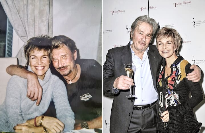 A gauche, Véronique Jannot avec Johnny Hallyday; à droite, Véronique Jannot avec Alain Delon