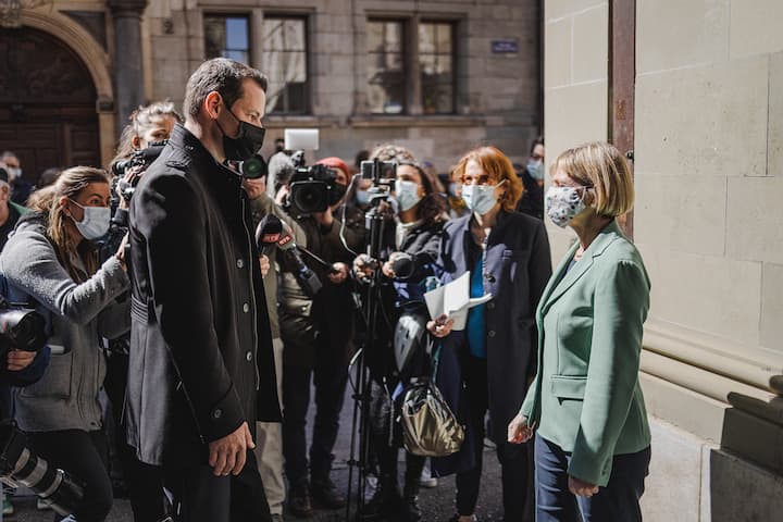 GenÃ¨ve, 28 mars 2021. Dernier tour de l'Ã©lection complÃ©mentaire au Conseil d'Etat pour le remplacement du poste de Pierre Maudet, auquel il se reprÃ©sentait.Avec 8.2% d'avance sur Pierre Maudet, la candidate verte Fabienne Fischer remporte l'Ã©lection.Â© Niels Ackermann / Lundi13
