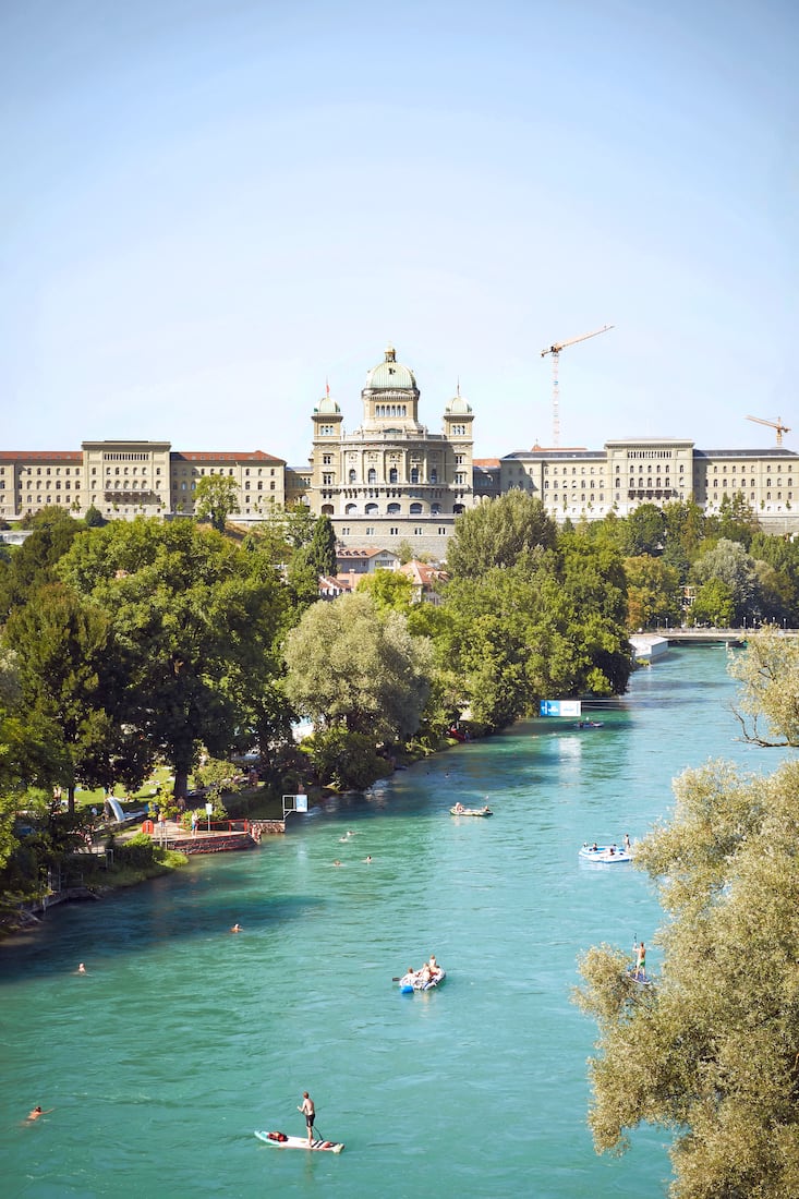 Baden in Switzerland 1908, view of the Aare, Freidbad Marzili and the Bundeshaus. berne